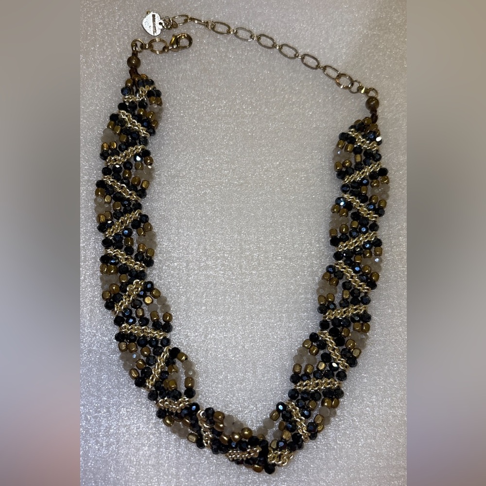NAKAMOL Crystal Choker Black, Grey & Gold braided gold tone chain Necklace